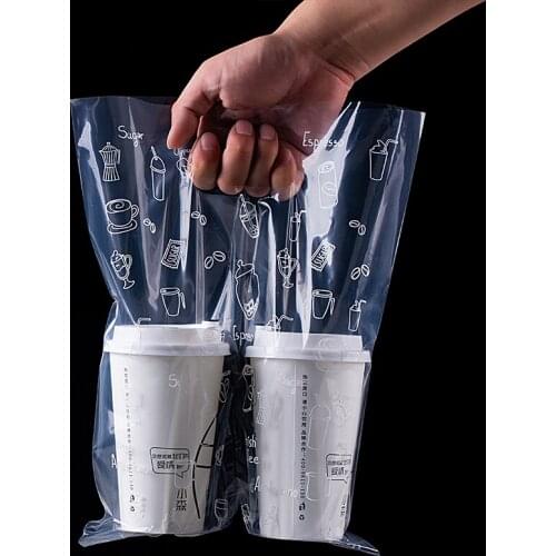 1pcs Clear Handle Drink Drinking Poly Plastic Packaging Bags drink carriers For Delivery Take Out Cup Holder Bar CoffeeShop