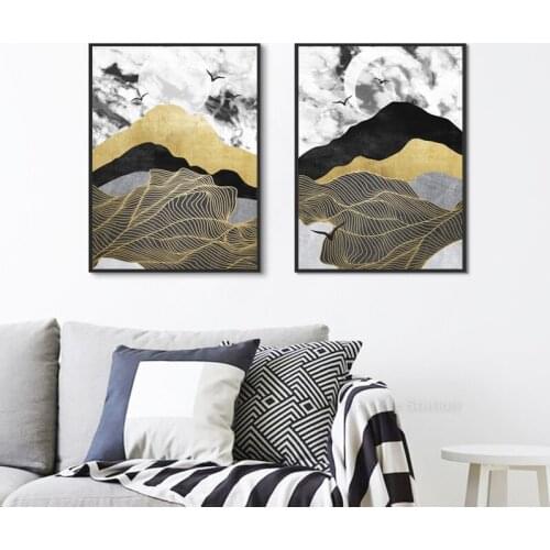 Abstract Modern Art Landscape Golden Mountain Sun Moon Canvas Painting Print Poster Wall Art Picture For Living Room Decoration