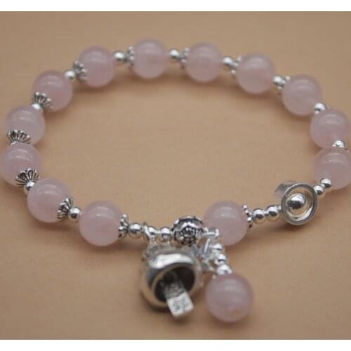 Sterling S925 Silver Bracelet Womens Pink Crystal Beads 8mm Luck Cat Link Tassel 16cmL/6.3inchL Chain Bracelet