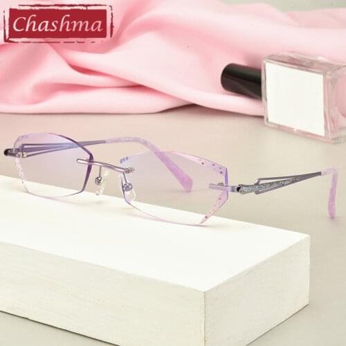 Chashma Transparent Lenses Rimless Spectacles Titanium Eye Glasses Diamond Trimmed Spectacle Frames Women Sunglasses Tint Lens
