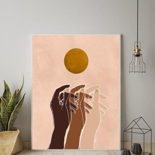 Together Boho Art Canvas Painting Black Skin Hands Sun Wall Posters and Prints Inspiration Artwork Picture for Living Room Decor