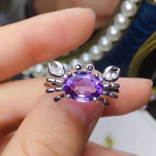 Sale good luck crab shape purple Amethyst gemstone ring 925 Sterling silver fine jewelry natural gem funny birthday gift child