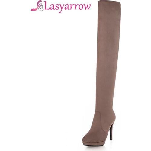 Lasyarrow Women High Heels Tall Boots Sexy Flock Platform High Heeled Over The Knee Boots For Women Ladies Sexy Slim Boots F225