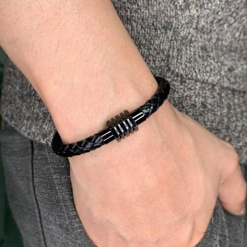 New Black Stainless Steel Magnetic Buckle Braided Men Leather Bracelets Male Wrist Band 2020 Pulseira Masculina 0036