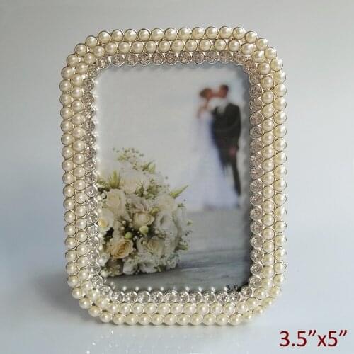 Wedding Accents Shiny Silver Plating with White Pearls and Clear Rhinestones Jeweled 3.5x5 5x7 inches Metal Photo Frame