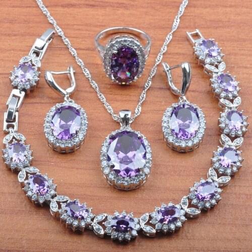 Natural Purple Zirconia Jewelry Sets Wedding Earring Silver Color Necklace And Pendant Rings Bracelet Set JS0461
