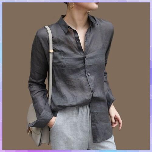 Ramie Loose White Tee Shirts for Women Turn-down Collar Solid Female T-shirts Tops Cotton Linen Long-sleeved Casual Blusas