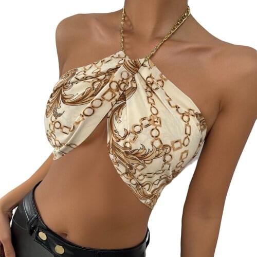 Women Chain Halter Tanks Tops, Casual Vintage Printed Sleeveless Top Tie Back Irregular Hem Camisole Female Clothing