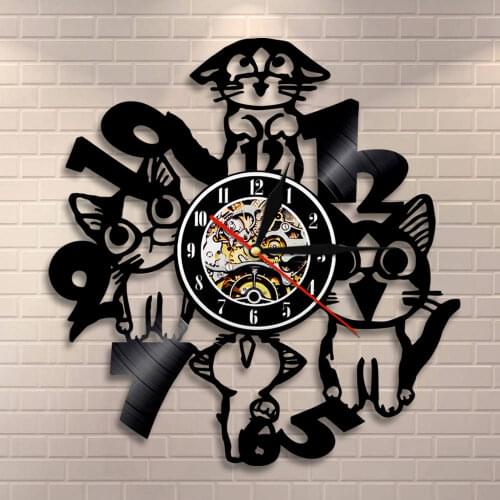 Vinyl Record Clock Funny Kitten Home Decor Modern Wall Clock Cat Lovers Gift Cat Wall Clock Kitty Silhouette Cats Meow Wall Art