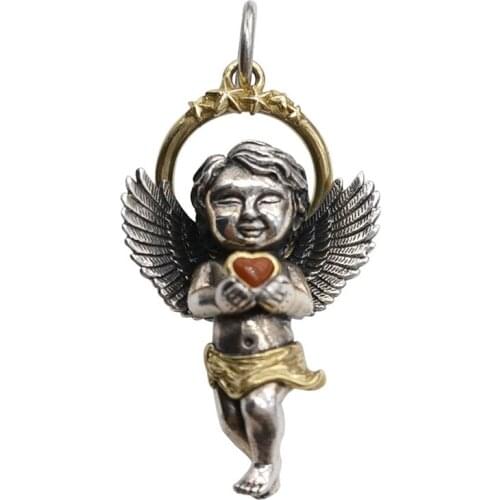 S925 Silver Vintage Fashion South Red Agate Heart Angel Couple Necklace Women Temperament Turquoise Pendant Jewelry