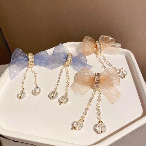 Handmade Fabric Yarn Bow Drop Earrings for Women Rhinestones Crystal Tassel Earrings Korean Fashion Wedding Party Jewelry Gifts