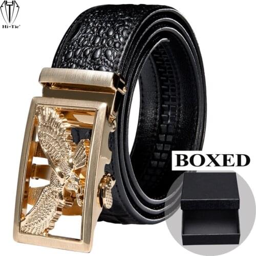 High Quality Boxed Crocodile Pattern Black Genuine Leather Mens Belts Luxury Automatic Buckles Waistband Ratchet for Dress Jeans