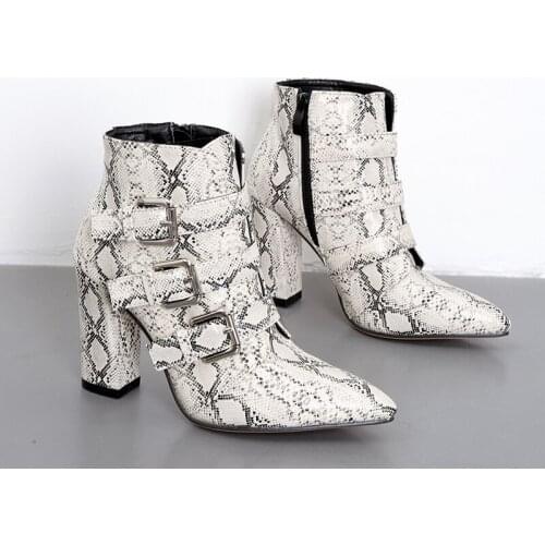 Fashion Leopard Print Womens Ankle Boots 2019 New Arrival Zip Pointed Toe Shoes Square heel Buckle Females Botas