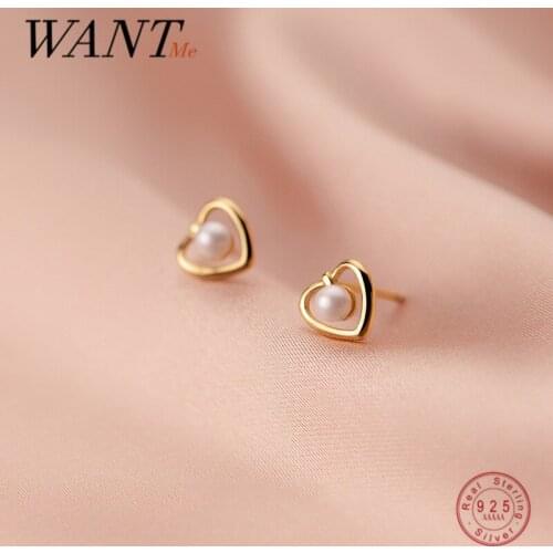 WANTME 925 Sterling Silver Romantic Fashion Korean Hollow Love Heart Pearl Small Stud Earrings for Women Teem Wedding Jewelry