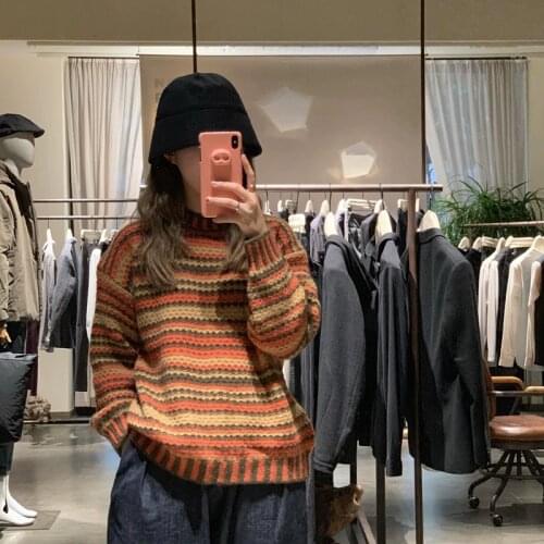 Womens Round Neck Retro Long-Sleeved Sweater Student Tide Wear Knitted Top Korean Autumn Winter Warm Striped Pullovers ML144