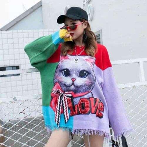 Fashion Oversized Streetwear Tassels Women Loose Knitted Pullover Long Sleeve Sweater Cartoon Patch Autumn Winter Sweet Jumper