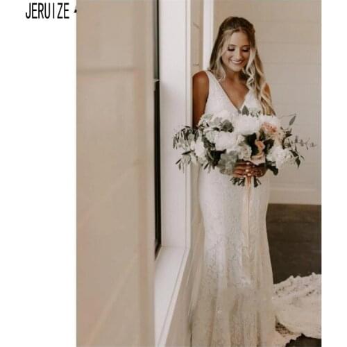 JIERUIZE Sexy Backless Lace Mermaid Wedding Dresses V Neck Sleeveless Boho Bridal Gowns Beach Bride Dresses vestido de novia