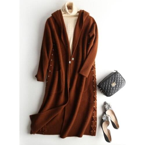 100%mink cashmere knit women fashion hooded long cardigan coat H-straight wide loose S-L caramel 4color wholesale retail