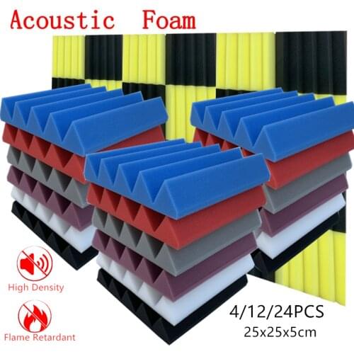 4/12/24Pcs 25x25x5cm Studio Acoustic Foam Soundproof Foam Sound Absorption Treatment Panel Sponge High Density Flame Retardant