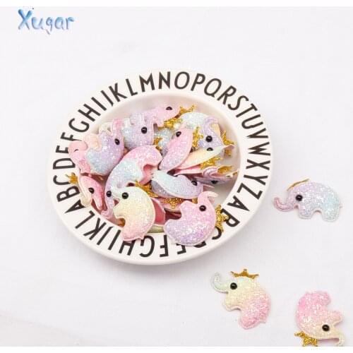 Xugar Shiny Glitter Padded Patches Crown Dolphin/Elephant Appliques DIY Baby Clothes Gils Hair Clips Ornament Accessories 5pcs