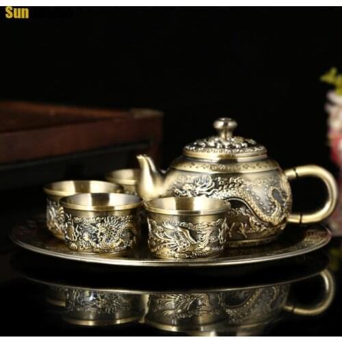 Chinese Style 6pcs/Set Decroative Bronze Color Metal Tea Sets Tea Cup Set of 6 Teapot Set for Home Decroation CJ002
