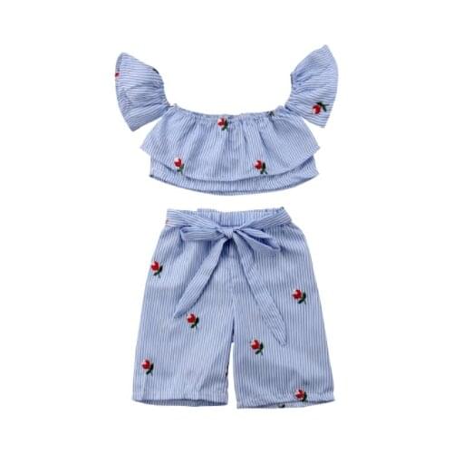 Kids Baby Girls Stripes Flowers Off Shoulder Crop Tops Pants Outfits Clothes Size 1-5T