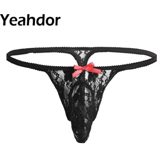 Men Sissy Lingerie Thong 2021 Lace See-through Bulge Pouch Open Butt Bikini G-string Sexy Underwear Underpants Panties Nightwear