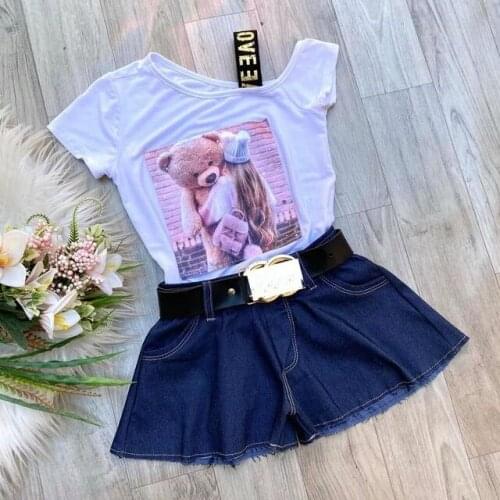 FOCUSNORM 1-6Y Summer Lovely Infant Kids Girls Clothes Sets Cartoon Pattern Print One Shoulder T Shirts+Denim Shorts