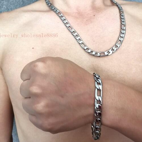 GNAYY Men Stainless Steel 9MM Figaro NK Chain Necklace & Bracelet Jewelry Set