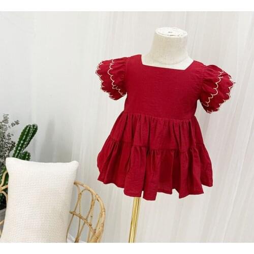 Summer Girls' Dress Childrens Short Sleeve Lace Princess Dress 2021 New Red Pleated Dress Girl Kids Clothes Girls Prom Dresses