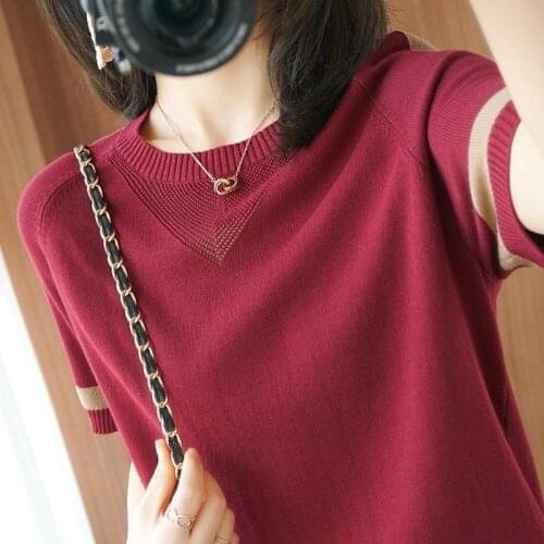 Summer Women Knitted Short Sleeve 2021 Thin Sweater Female O-neck Pullover Ladies Ice Silk Knit Red Top Femme Plus Size Y307