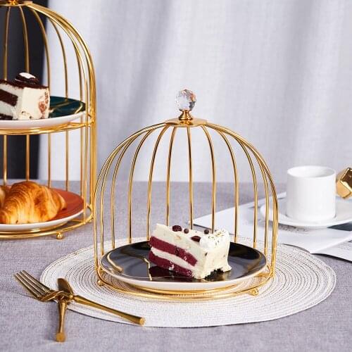 Wedding Party Metal Birdcage Gold Cake Stand Ceramic Plate Afternoon Tea Dessert Stand Decoration