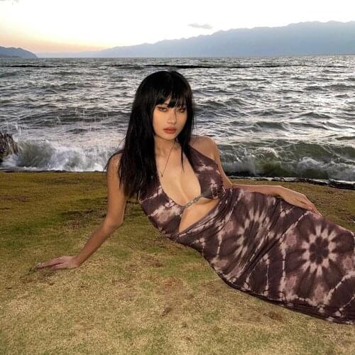 Fashion Sexy Suspender Tie Dyed Dress Women Backless Maxi Dress Hollow Bodycon Dresses for Party Female Summer Party Dress