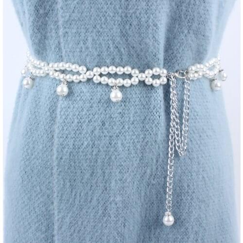 Fashion long women rhinestone pearl chain belt metal waist belts for dresses laides female luxury ceinture femme