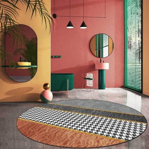 Floor Carpet For Living Room Modern Big Size Green Gold Abstract Houndstooth Pattern Round Rug For Bedroom Home Decoration Mat