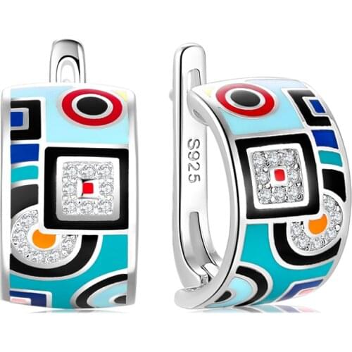 OGULEE New Arrival 925 Silver Stud Earrings Round Shape blue-green Enamel Classic pattern CZ Earrings For Women Fine Jewelry