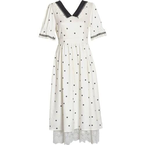 PERHAPS U White V Neck Puff Short Sleeve Knee Length Black Floral Print Korean Dress Vintage D1846