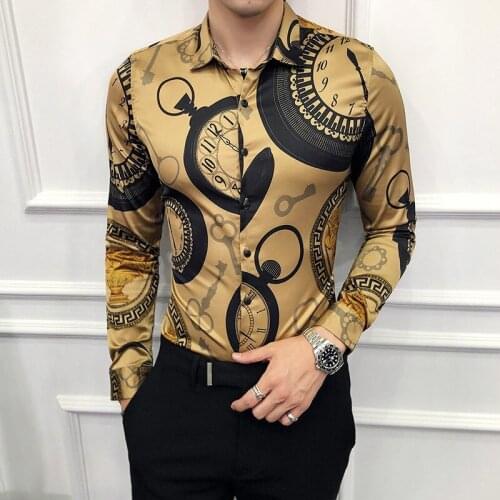 2021 Autumn Mens Vintage Printed Long Sleeve Shirt New Fashion Slim Fit Shirts Casual Party Night Club Shirts Mens koszule