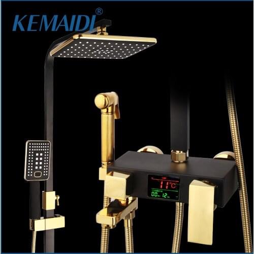 KEMAIDI Matte Black LED Digital Shower Set Bathroom Thermostatic Shower System Hot Cold Mixer Bath Faucet Square Spray