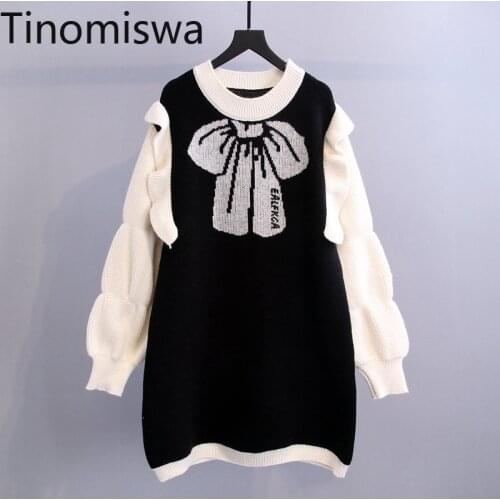 Tinomiswa Korean Fashion Knitted Dress Women O Neck Long Sleeve Hit Color Autumn Dresses Bow Knot Vesidos Femme Preppy Style