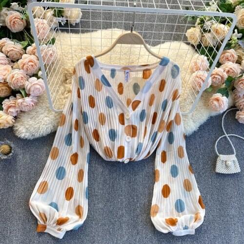European Spring Big Polka Dot Sweet Temperament V-neck Button Slim Pleated Chiffon Long-sleeved Shirts Women Fashion Streetwear