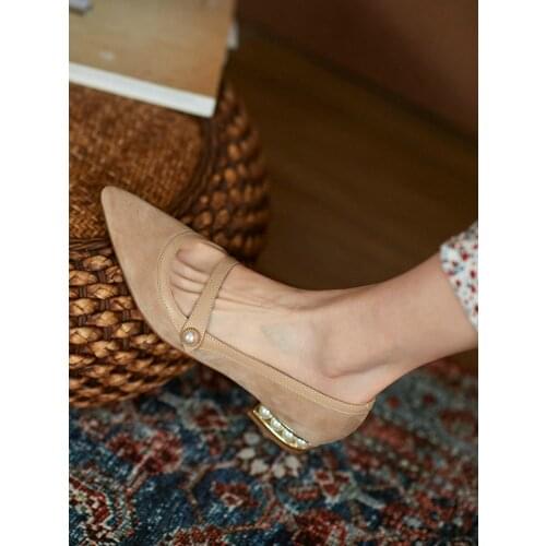 EshtonShero Womens Shoes Cow Suede Casual Pointed Toe Mary Janes Flat Heel Fashion Female String Bead Solid Wedding Shoes
