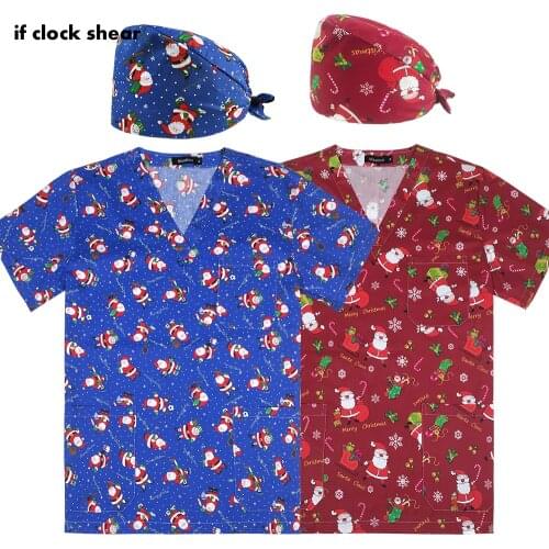 Christmas print Pet grooming scrub Uniforms Unisex Nutritionist workwear tops tooth health check scrubs women uniform wholesale