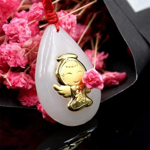 Top quality, gold inlaid jades, water drop Angel thickened full gold inlaid Hetian Jades Pendant Necklace