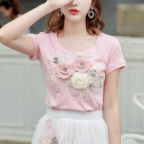 Three-Dimensional Embroidered Flower Sequined Top Short Sleeve Cotton T-shirt Women