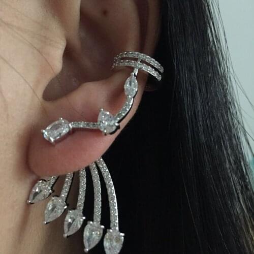 Statement earring for women feather wing shaped 2 separate parts stud earring brinco single left ear cuff wearing