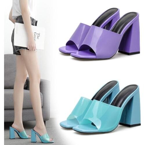 Womens Slippers 2019 Square heel Heeled Mules Slides Shoes Candy Colors New Block Heels Summer Basic PU Rome High PVC Rubber