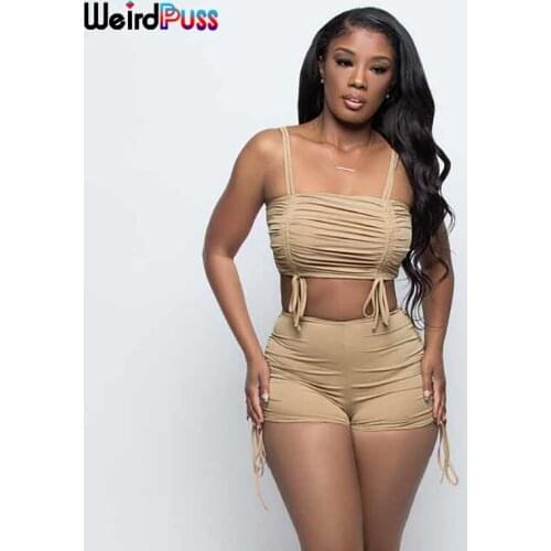 Weird Puss Sexy 2-Piece Sets Women Summer Bandage Ruched Tank Tops+Mini Shorts Fashion Matching Suit Streetwear Skinny Clothing
