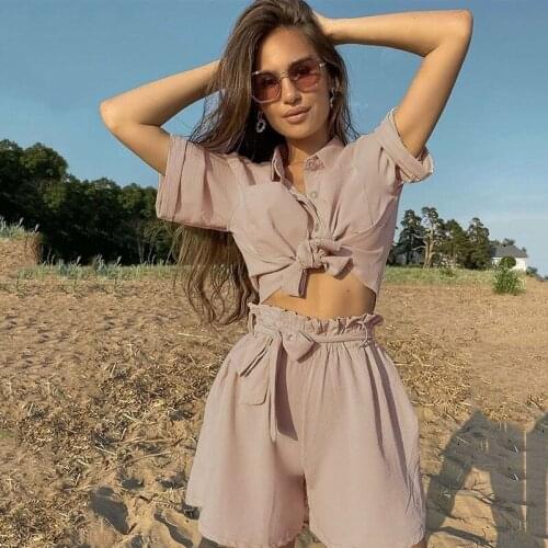 Ardm Casual Ruffle Shorts Sets костюм женский летний Fashion Tie A Knot Cropped Tops Women 2021 Street Style Two Piece Set Women