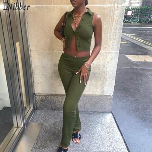 Nibber New Ribbed Knitted Two Piece Set Women High Street Solid Single Breasted Sleeveless Polo-Neck Top + High Waist Slim Pants